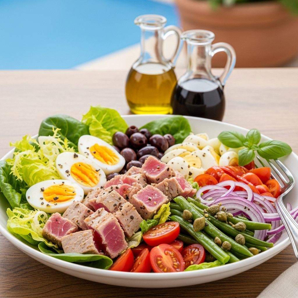 Discover the art of preparing Niçoise Salad, a colorful blend of fresh vegetables, eggs, fish, and zesty vinaigrette inspired by French Mediterranean tradition.