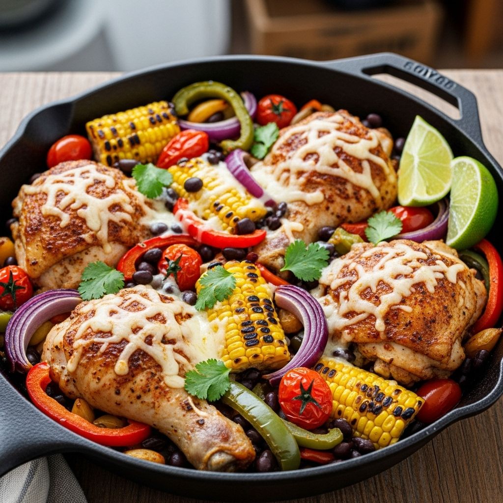 Fiesta Chicken: A Flavor-Packed One-Pan Tex-Mex Meal A vibrant, one-pan Tex-Mex chicken dinner with rice, beans, corn, and zesty spices—perfect for busy families.