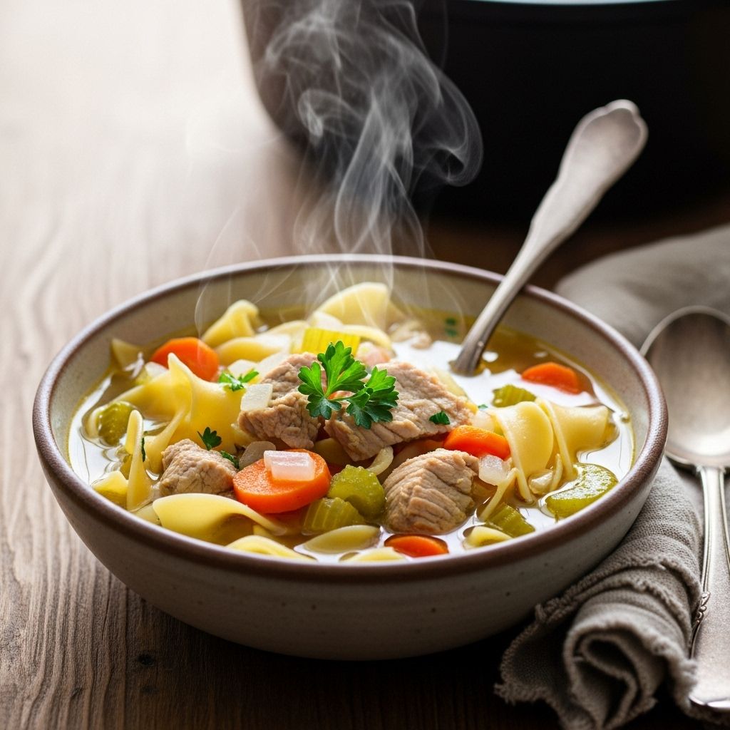 Transform leftover turkey into a heartwarming soup packed with tender meat, fresh vegetables, and perfectly cooked noodles.