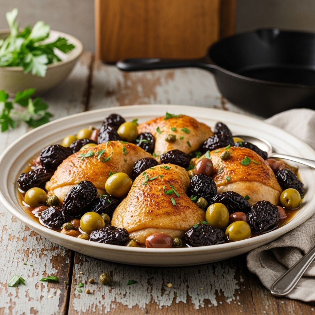 Ina Garten’s Revamped Chicken Marbella mingles sweet prunes, briny olives, tangy capers, and aromatic herbs for a crowd-pleasing dinner classic.
