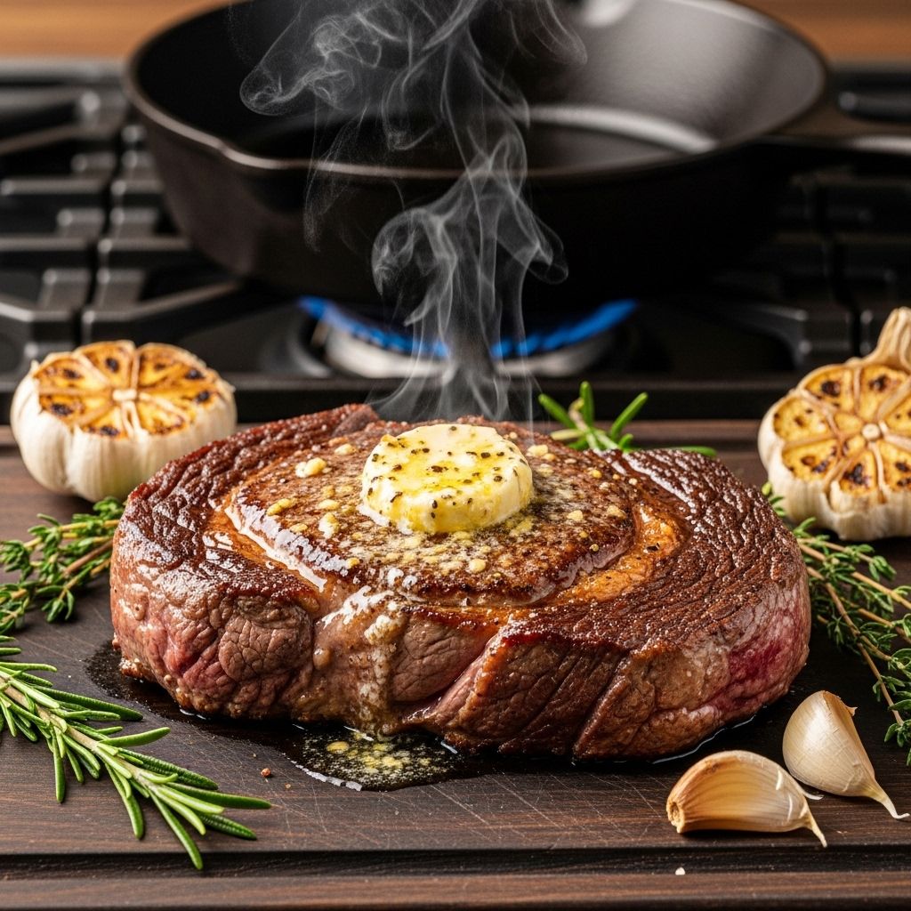 Master the art of pan-searing ribeye steak with garlic butter, from prep to perfection, using expert tips for restaurant-quality results.