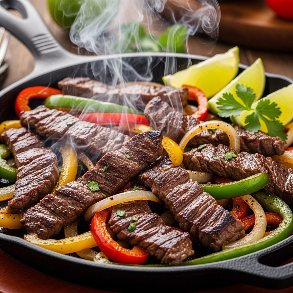 Bring restaurant-quality steak fajitas to your table with perfectly marinated skirt steak, vibrant peppers, and delicious toppings.