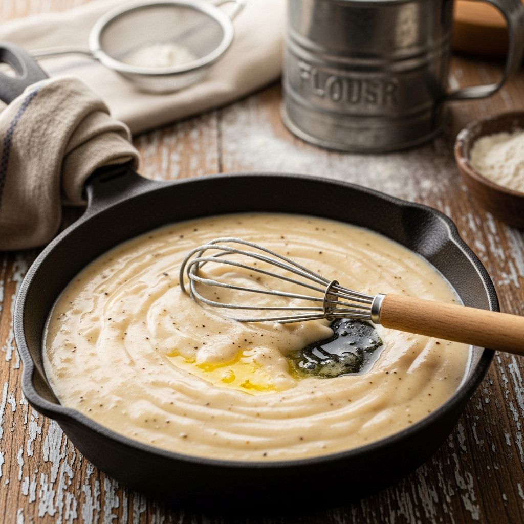 Learn how to make creamy southern white gravy from scratch that’s perfect for biscuits, chicken, and so much more.