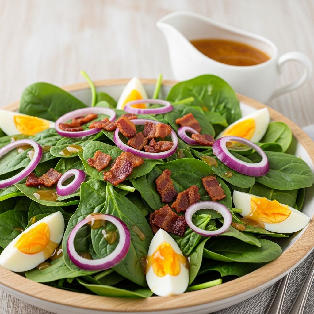 Discover the timeless flavor and simplicity of spinach salad with warm bacon dressing, featuring savory bacon, fresh vegetables, and a signature dressing.