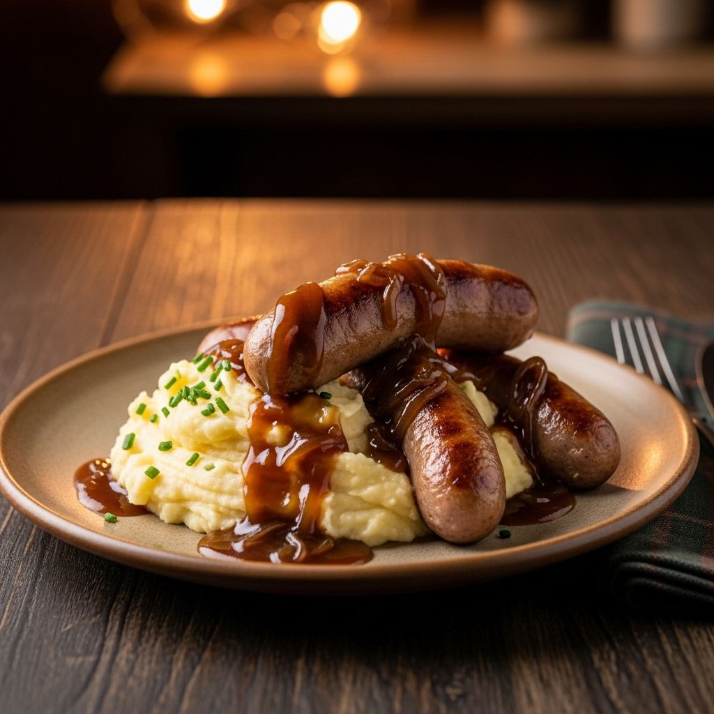 Discover the history, ingredients, and step-by-step method for preparing the beloved British dish, Bangers and Mash, complete with onion gravy.