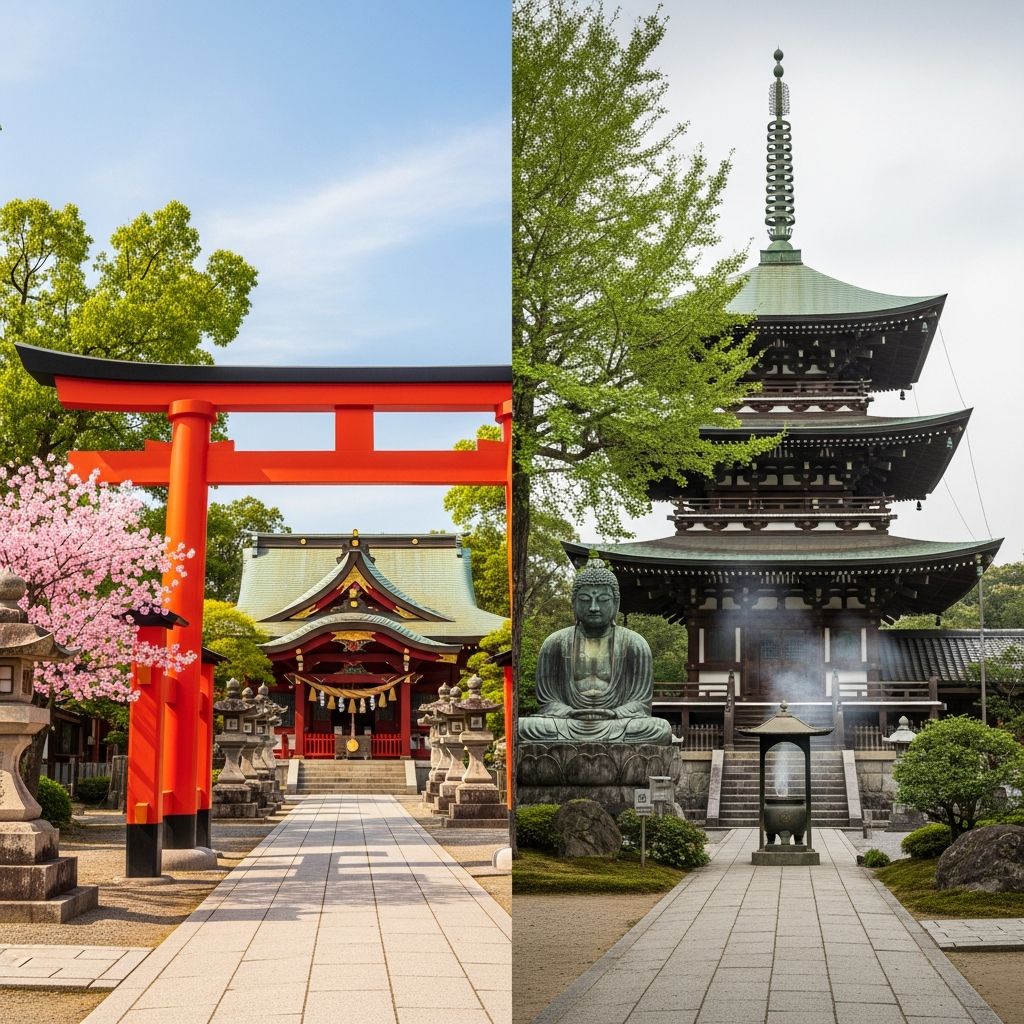 Explore the major distinctions, beliefs, and practices that set Shinto and Buddhism apart within Japanese religious life.