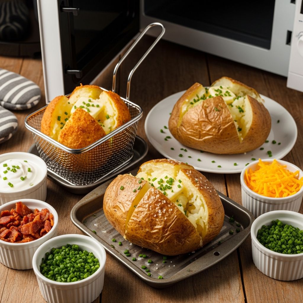 How to Make Perfect Baked Potatoes: Oven, Air Fryer, and Microwave Methods A detailed guide to making the best baked potatoes using the oven, air fryer, and microwave, plus tips for crispy skins and perfect toppings.