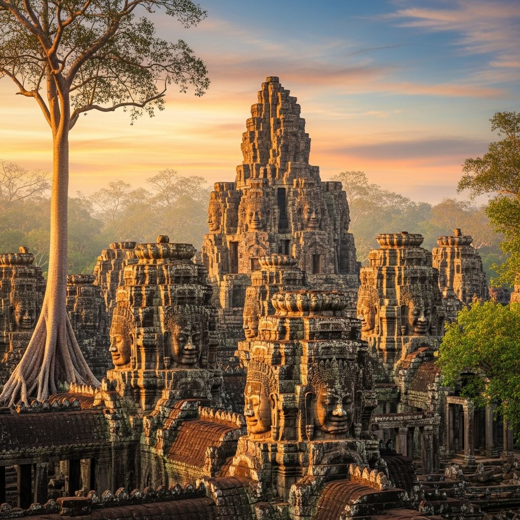 Bayon Temple: The Enigmatic Heart of Angkor Thom Journey into the majestic, mysterious Bayon Temple, renowned for its smiling stone faces and unique blend of Buddhist and Hindu iconography.