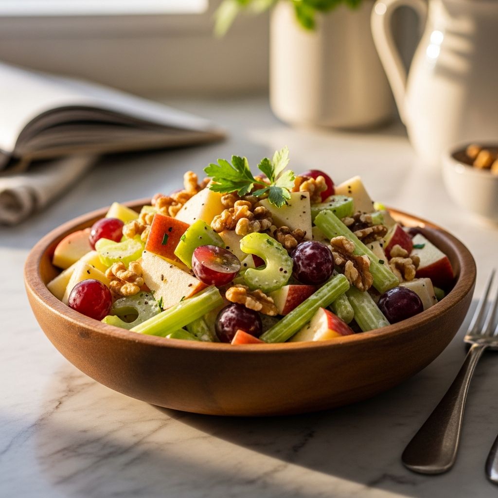 A creamy, tangy Waldorf salad with apples, celery, grapes, and walnuts—perfect for holidays and Sunday lunches.