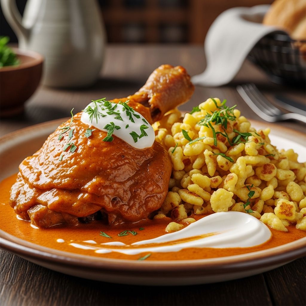 Chicken Paprikash with Spaetzle: A Traditional Hungarian Comfort Dish Discover the authentic flavors of Chicken Paprikash with homemade Spaetzle—a staple of Hungarian culinary tradition.
