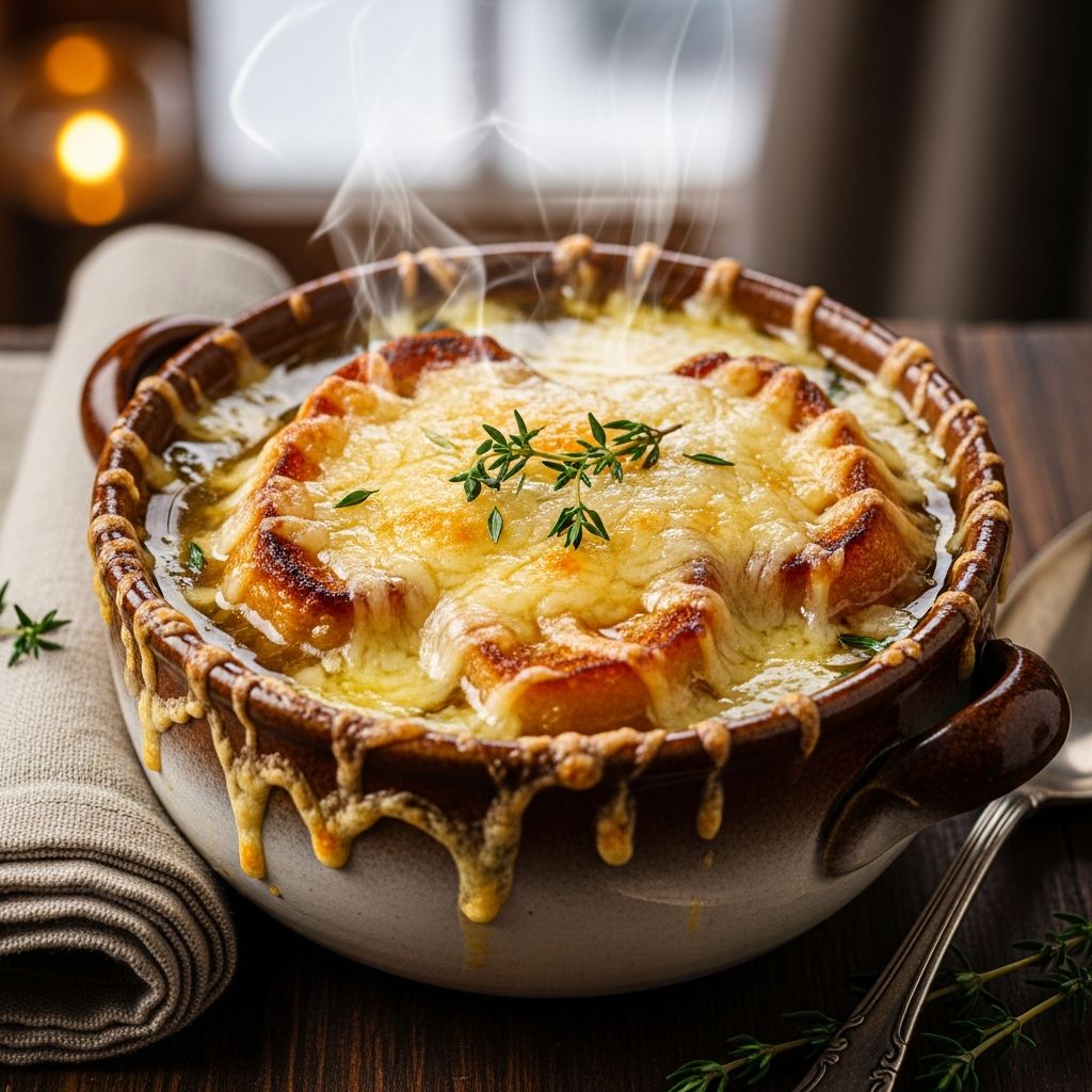 Discover the art of crafting authentic French onion soup with layers of caramelized onions, rich broth, and cheesy crust.