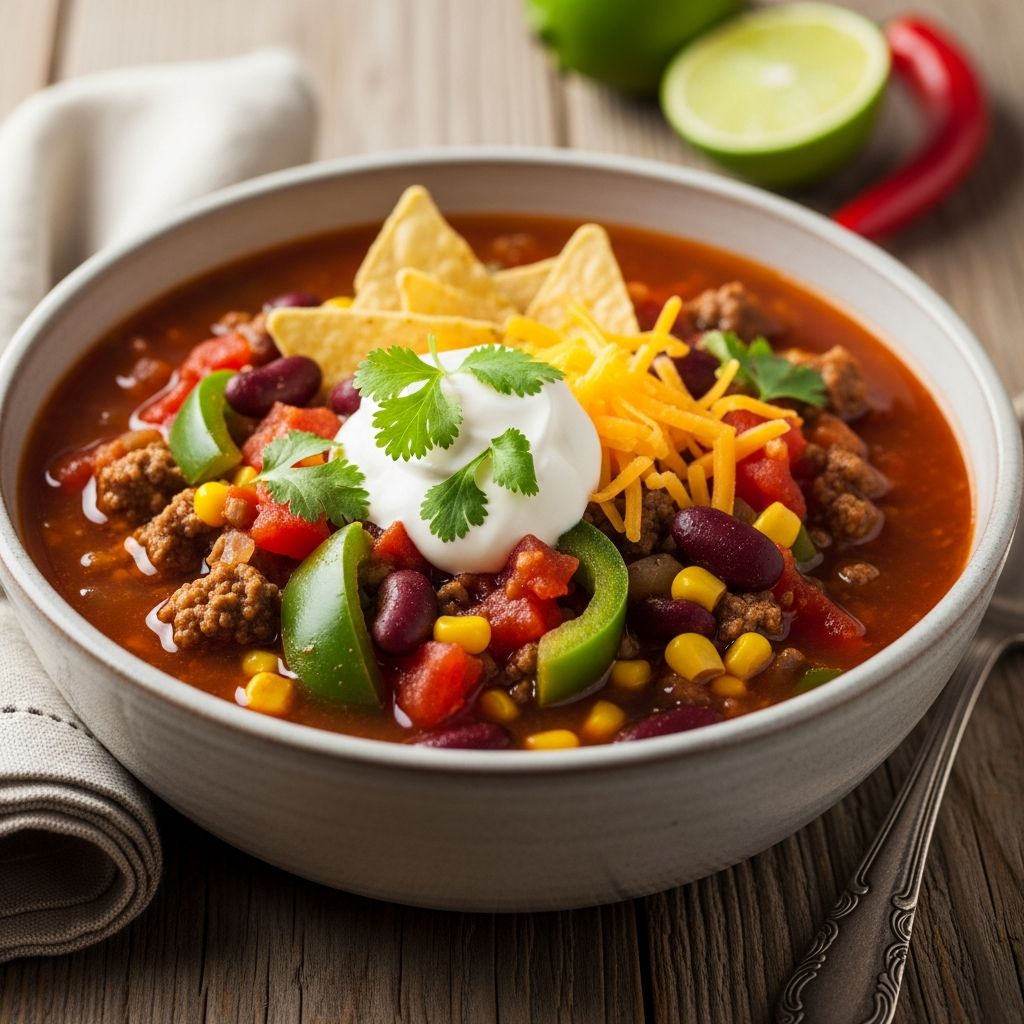 A hearty blend of beans, beef, tomatoes, and zesty seasoning—Paula Deen’s Taco Soup brings Southwest-inspired comfort to any table.