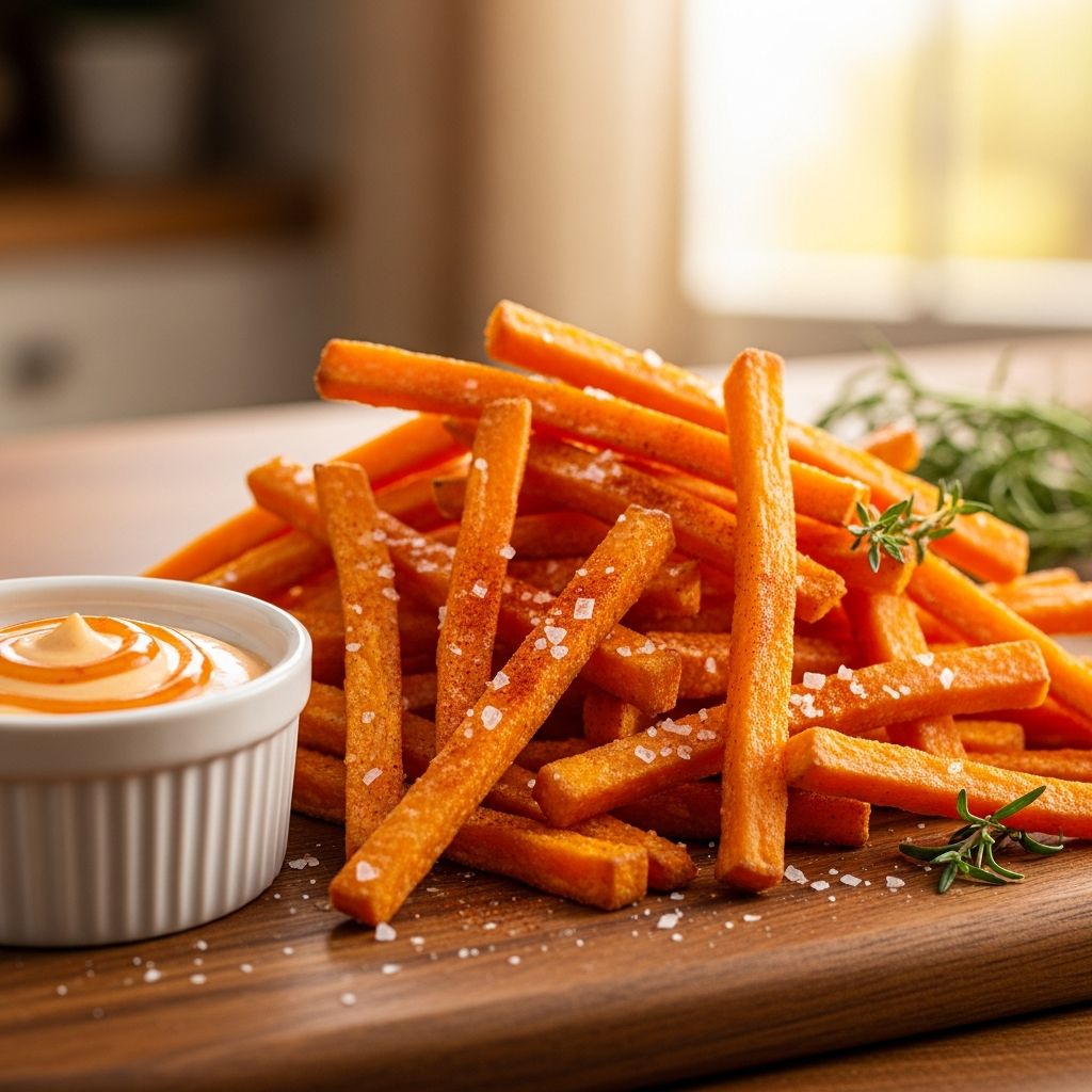 Elevate your snack time with homemade, oven-baked sweet potato french fries—crispy, flavorful, and easy to prepare.