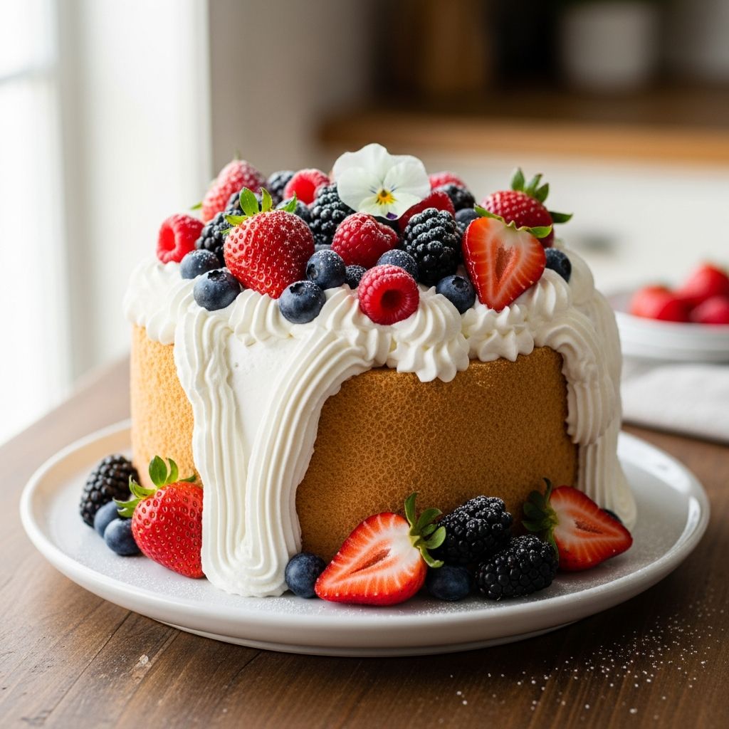 Emma’s Birthday Angel Food Cake: Whipped Cream & Berry Bliss A homemade angel food cake recipe with fresh whipped cream and berries—fluffy, festive, and perfect for special occasions.