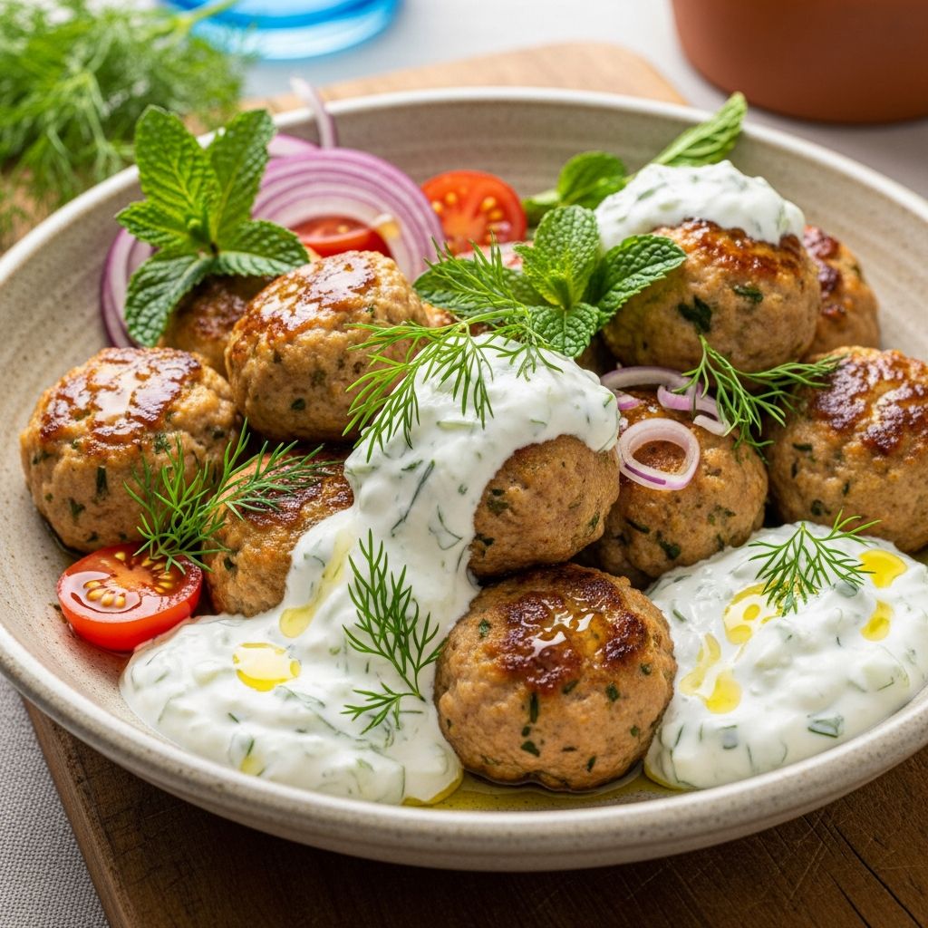 Tender chicken meatballs with classic Greek flavors, fresh herbs, and a creamy yogurt sauce for the perfect party appetizer or main course.