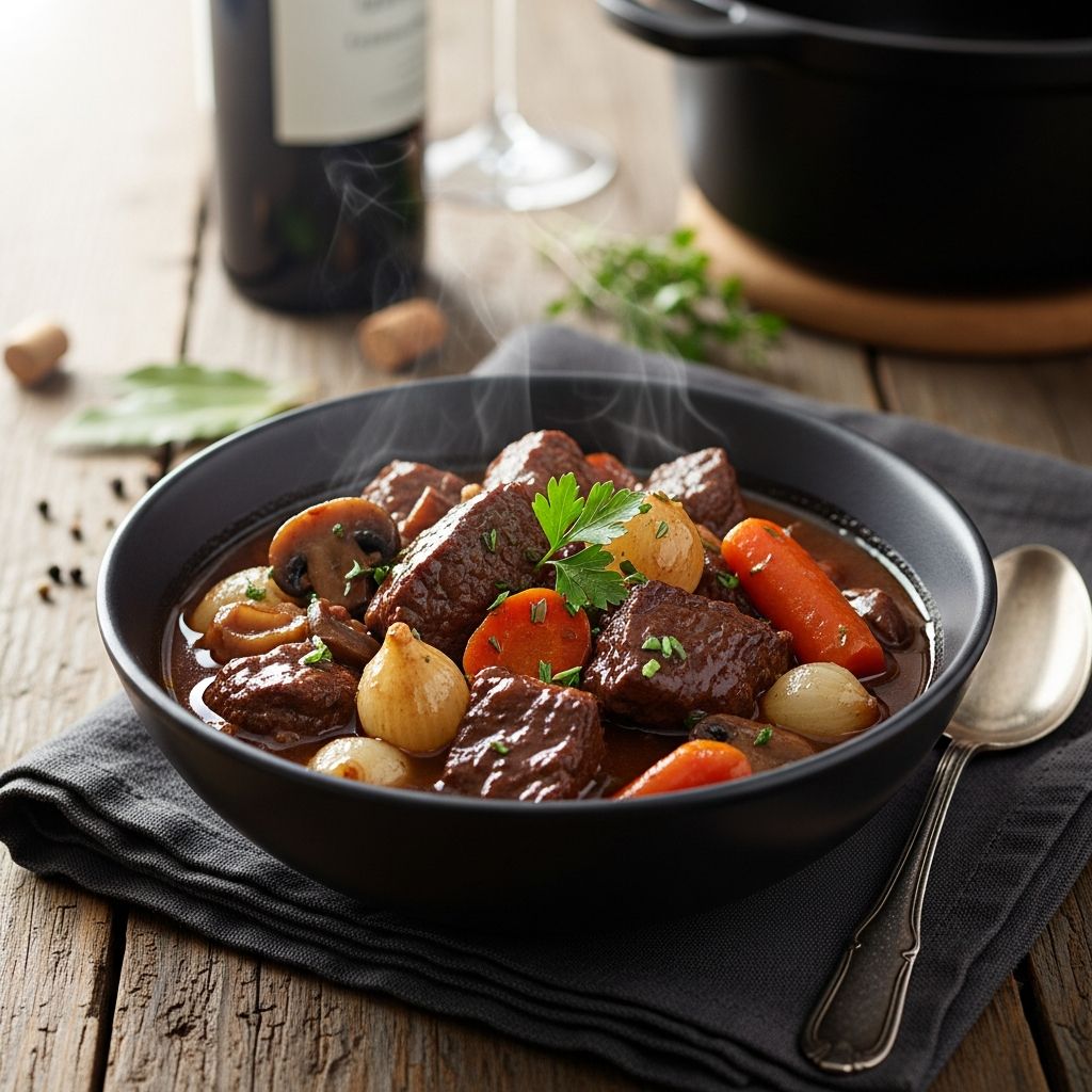 Experience the warmth of France with a hearty, home-cooked Beef Bourguignon, crafted by Ina Garten and perfect for family gatherings or special occasions.
