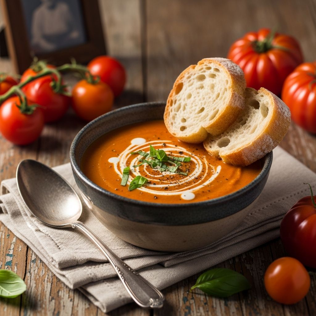 Dive into a heartwarming, rustic tomato bisque made with fresh ingredients and cherished family tradition.