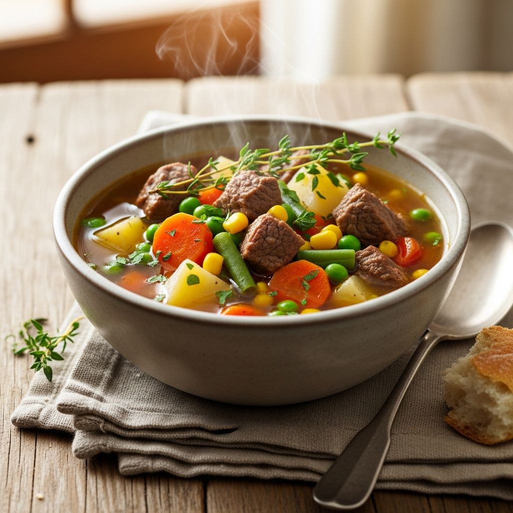 Discover how to make timeless vegetable beef soup with tender beef, garden vegetables, and classic homemade flavors.