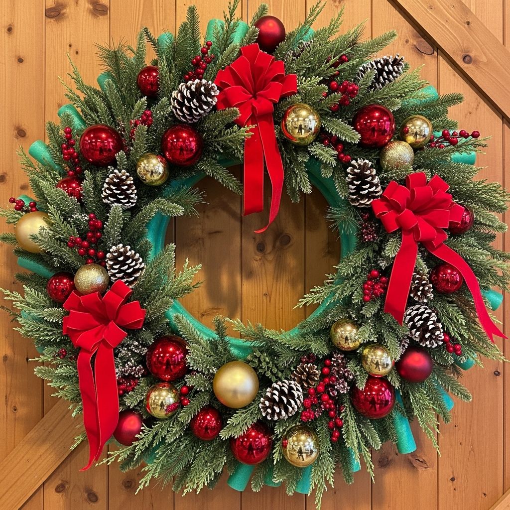 Transform pool noodles into an eye-catching oversized Christmas wreath for your favorite festive spot—easy to make, easy to store.