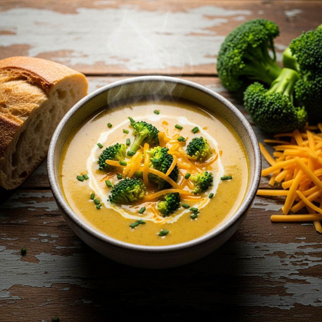 A comforting, creamy broccoli cheese soup reminiscent of Panera's classic, perfect for cozy home cooking.