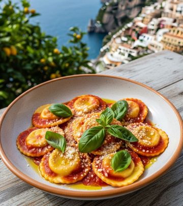 Bringing the sun-kissed flavors of Sorrento to your table with pillowy ricotta-filled ravioli in a vibrant tomato-basil sauce.