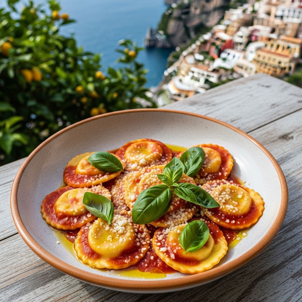 Bringing the sun-kissed flavors of Sorrento to your table with pillowy ricotta-filled ravioli in a vibrant tomato-basil sauce.