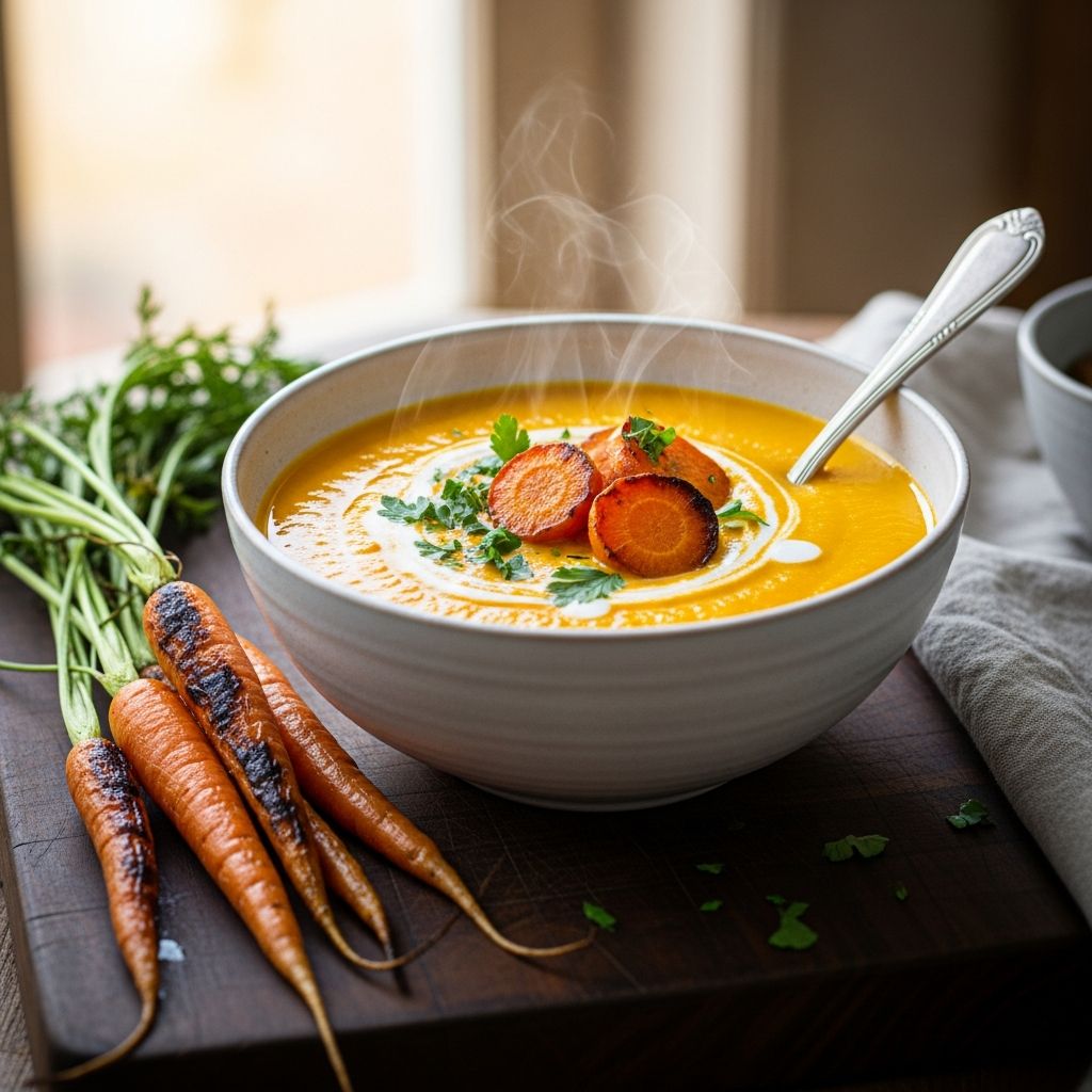 A warming, deeply flavorful homemade soup with roasted carrots, ginger, and thyme—surprisingly simple yet impressively complex in taste.