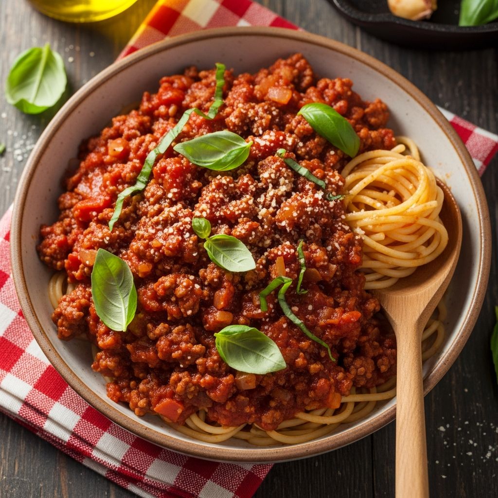 A classic homemade spaghetti sauce packed with ground beef, aromatic vegetables, and robust Italian flavors.