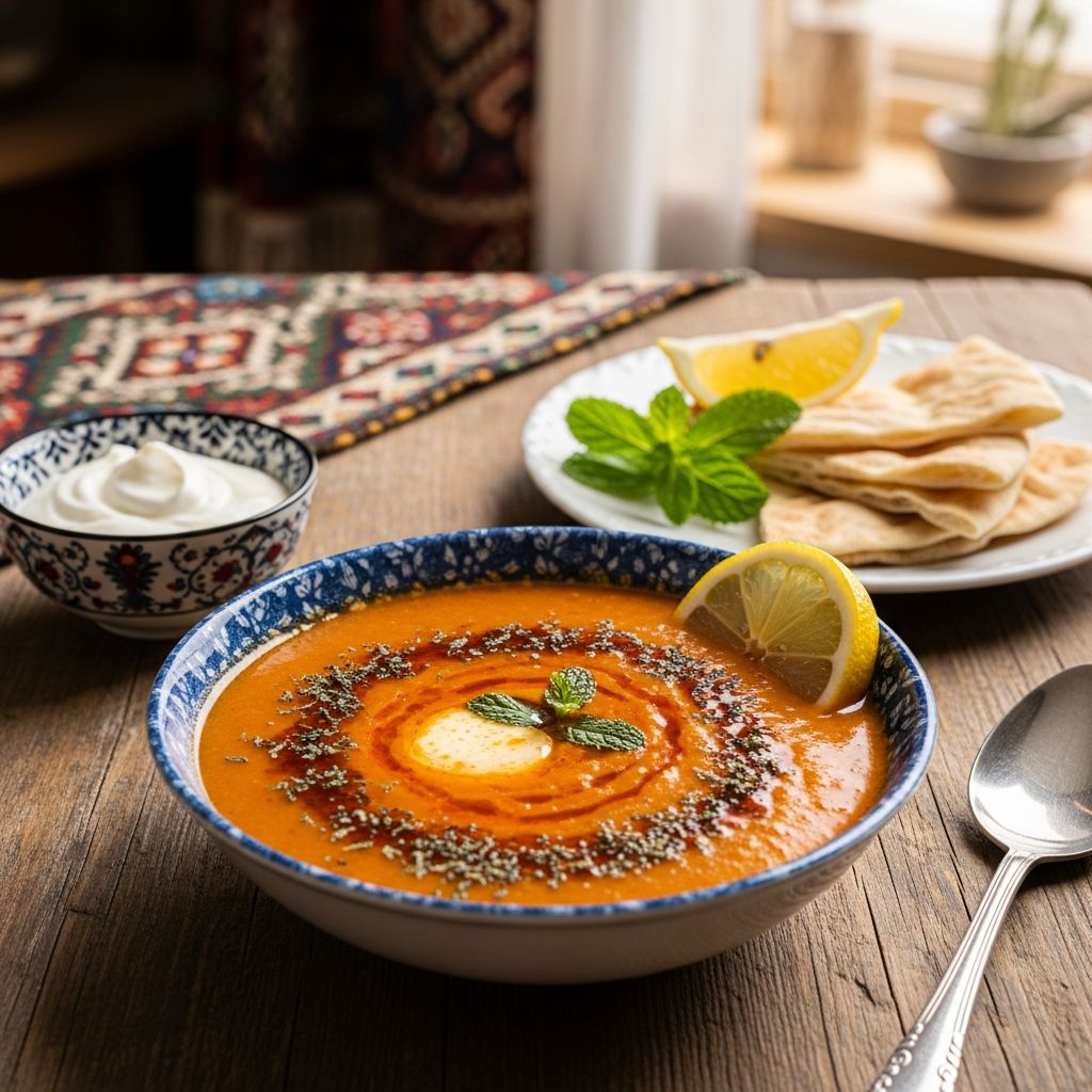 Discover the warmth and tradition of Turkish red lentil soup with fresh herbs, spices, and bright lemon accents.