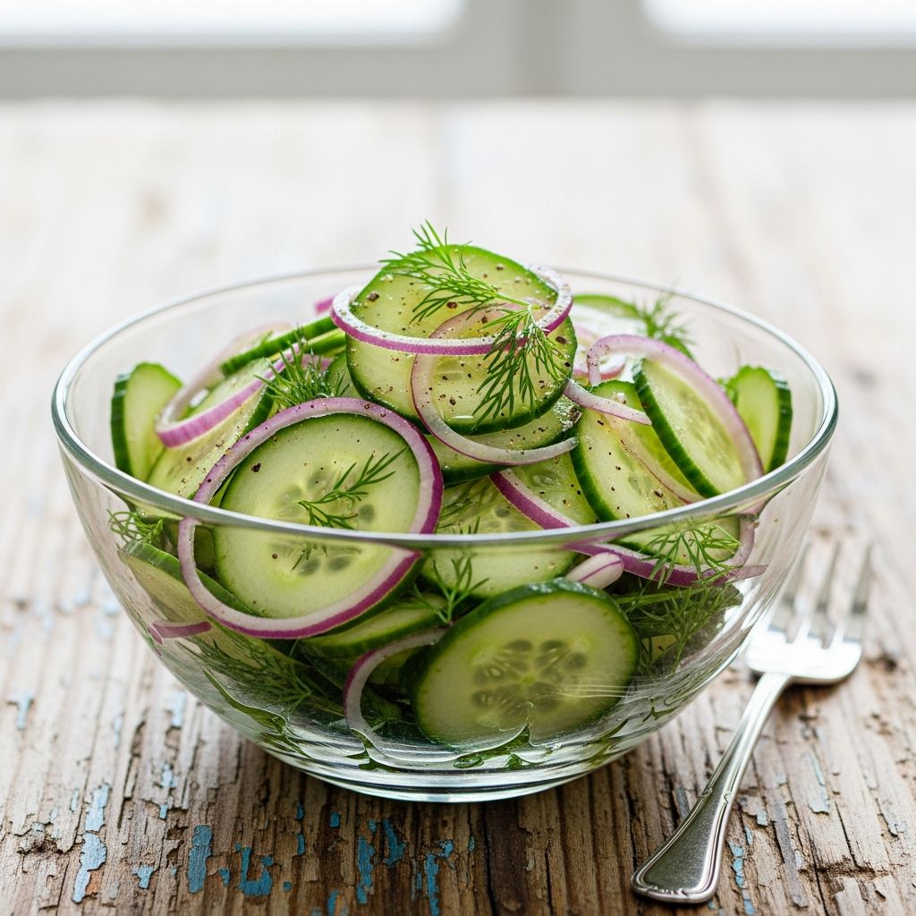 Crisp cucumbers in sweet and tangy vinegar dressing—a timeless summer favorite and perfect side.